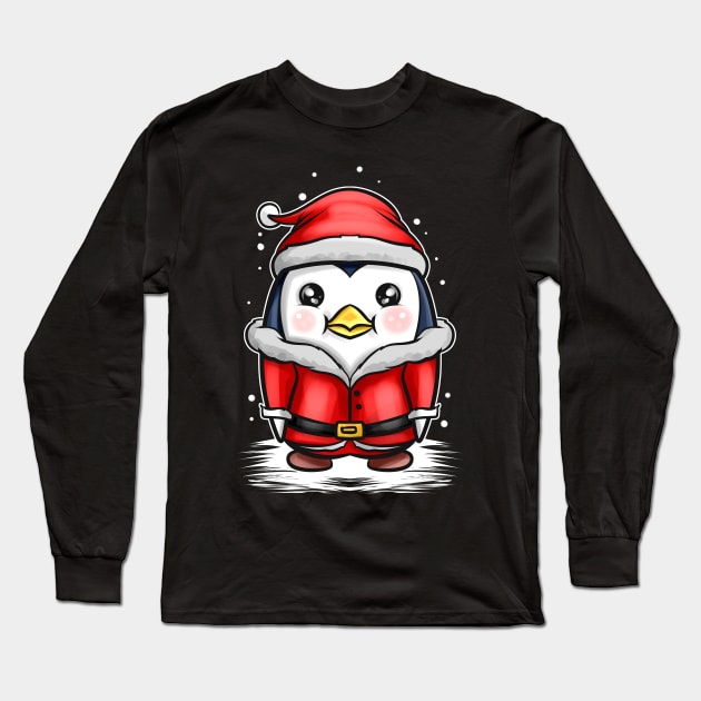 Kawaii Cute Penguin Santa Dress In Snow For Christmas Long Sleeve T-Shirt by SinBle